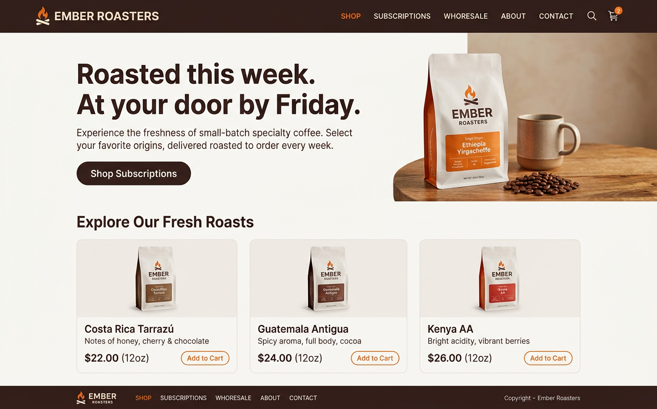 Approved Figma design of the Ember Roasters coffee landing page